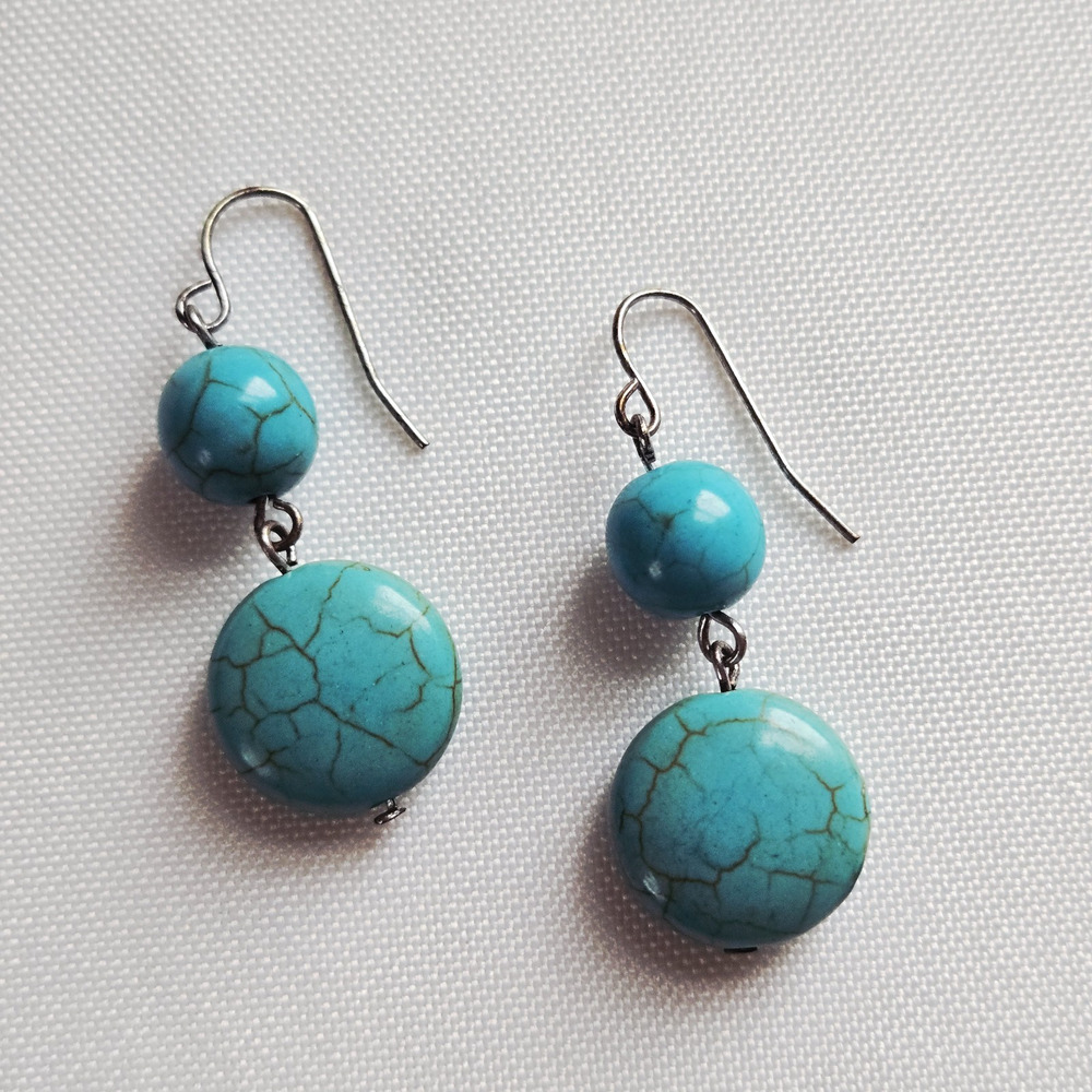 Faux Turquoise Earrings Dangle Drop Pierced Blue Beaded Casual Southwestern Boho